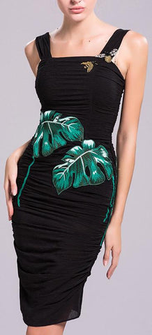 Banana Leaf Embroidered, Bee Embellished Ruched Fitted Dress in Black - DESIGNER INSPIRED FASHIONS