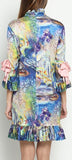 Printed Ruffle Silk Dress with Bow Embellishments