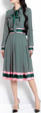 Pleated Print Shirt-Dress with Tie, Green