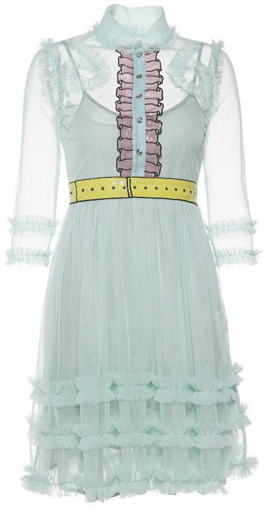 Embellished Sequined Ruffle Organza Dress-Light Blue - DESIGNER INSPIRED FASHIONS