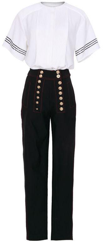 Pleated Sequin Stripe White Blouse & Double-Sided Button Embellished Black Pants - DESIGNER INSPIRED FASHIONS
