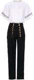 Pleated Sequin Stripe White Blouse & Double-Sided Button Embellished Black Pants - DESIGNER INSPIRED FASHIONS