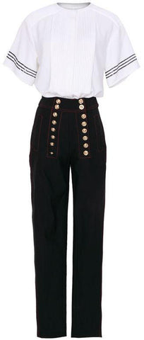 Pleated Sequin Stripe White Blouse & Double-Sided Button Embellished Black Pants - DESIGNER INSPIRED FASHIONS