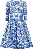 'Majolica' Tile Printed A-Line Silk Dress - Blue & White - DESIGNER INSPIRED FASHIONS
