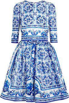 'Majolica' Tile Printed A-Line Silk Dress - Blue & White - DESIGNER INSPIRED FASHIONS