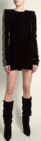 Black Long-Sleeve Crystal-Embellished Velvet Mini Dress | DESIGNER INSPIRED FASHIONS