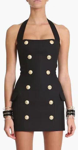 Black Double-Breasted Sleeveless Mini Dress - DESIGNER INSPIRED FASHIONS