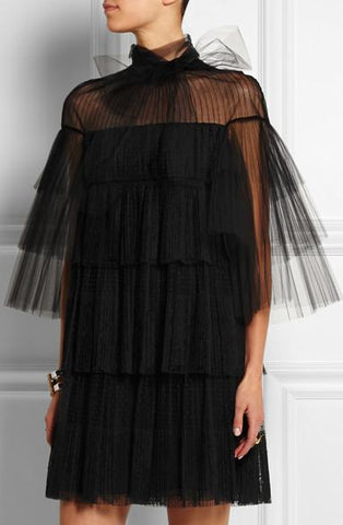 Lace & Tulle Tiered Point D'Esprit Dress in Black - DESIGNER INSPIRED FASHIONS