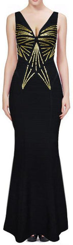 Long Sequin Embellished Sleeveless V-Neck Bandage Gown-Black - DESIGNER INSPIRED FASHIONS