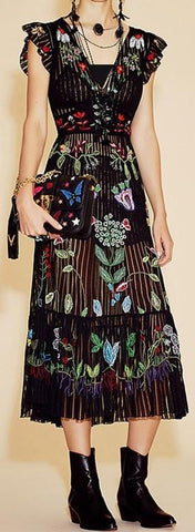 V-Neck Floral Embroidered Dress in Black - DESIGNER INSPIRED FASHIONS