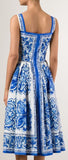 'Majolica' Print Sleeveless Dress in Blue & White - DESIGNER INSPIRED FASHIONS