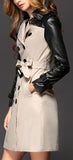 Double-Breasted Faux-Leather-Sleeve Trench Coat - DESIGNER INSPIRED FASHIONS