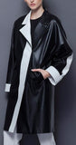 Faux-Leather Color-Contrast Coat in Black & White - DESIGNER INSPIRED FASHIONS