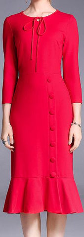 Red Button-Embellished Sheath Dress