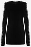 Black Long-Sleeve Crystal-Embellished Velvet Mini Dress | DESIGNER INSPIRED FASHIONS