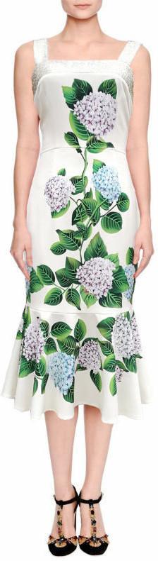Hydrangea-Print Ruffled-Hem Dress - DESIGNER INSPIRED FASHIONS