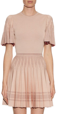 A-Line Pleated Intarsia Knit Mini Dress - Pink - DESIGNER INSPIRED FASHIONS