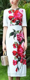 Half-Sleeve Floral Print Midi Dress - White/Pink - DESIGNER INSPIRED FASHIONS