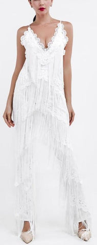 Fringed Halter Jumpsuit in White - DESIGNER INSPIRED FASHIONS