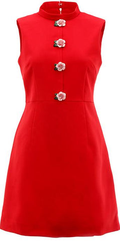 Rose-Button-Embellished Mini Dress in Red