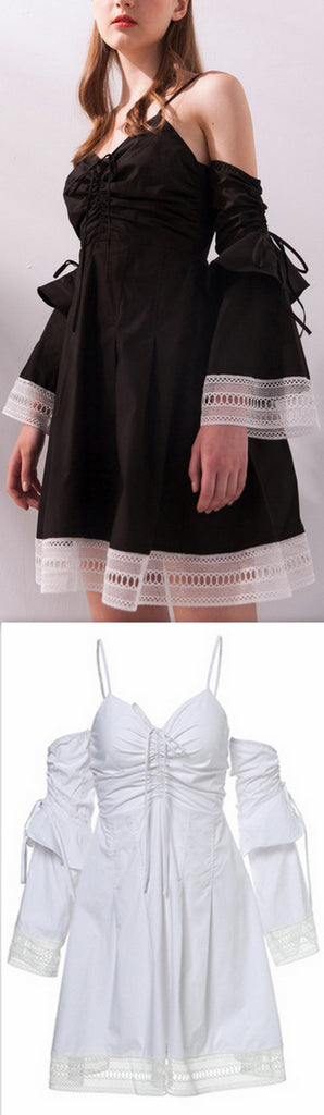 Ruched Flared Mini Dress with Separate Sleeves, Black or White - DESIGNER INSPIRED FASHIONS