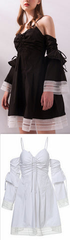 Ruched Flared Mini Dress with Separate Sleeves, Black or White - DESIGNER INSPIRED FASHIONS
