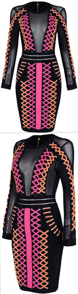 Neon Lace-Up Mesh Panel Dress