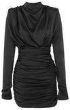 Draped Ruched Satin Mini Dress, Black