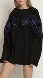 Wing-Embroidered Cold-Shoulder Sweatshirt, Black