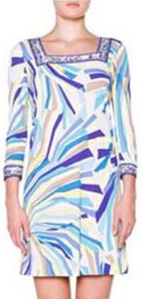 Square Neck Abstract Print Border Trim Jersey Silk Dress - DESIGNER INSPIRED FASHIONS