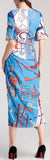 Ruffle-Contrast Printed Midi Dress, Blue