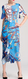 Ruffle-Contrast Printed Midi Dress, Blue
