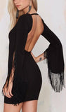 Fringed Sleeves Backless Bandage Dress in Black - DESIGNER INSPIRED FASHIONS