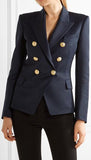 Double-Breasted Cotton-Blend Blazer-Dark Blue - DESIGNER INSPIRED FASHIONS