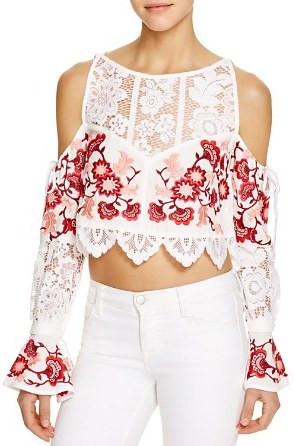 'Cecilia' Flower Embroidered Cold-Shoulder Crop Top - White or Black - DESIGNER INSPIRED FASHIONS