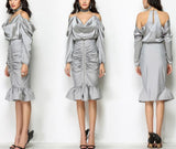 Draped Satin Blouse & Ruched Zip Skirt Set - Grey or Black