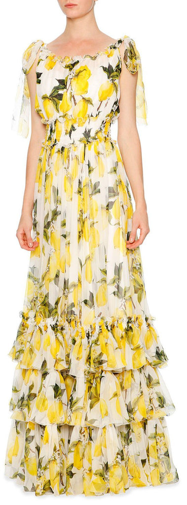 Lemon Print Tiered Long Maxi Dress in White - DESIGNER INSPIRED FASHIONS