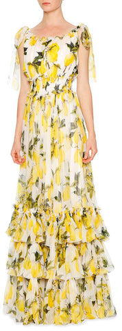 Lemon Print Tiered Long Maxi Dress in White - DESIGNER INSPIRED FASHIONS