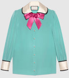 Contrast Silk Shirt with Bow - DESIGNER INSPIRED FASHIONS