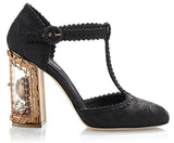 Black Embellished Sacred Heart Brocade Heeled Shoes - DESIGNER INSPIRED FASHIONS