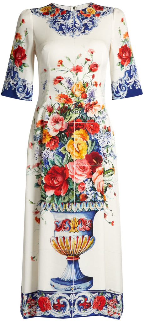 Majolica-Print Round-Neck Charmeuse Dress - DESIGNER INSPIRED FASHIONS