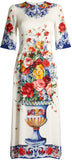 Majolica-Print Round-Neck Charmeuse Dress - DESIGNER INSPIRED FASHIONS