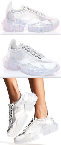 Silver Metallic Leather and White Calf Leather Low Top Trainers