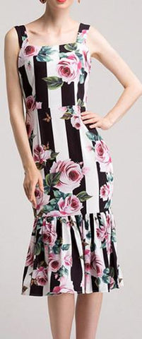 Floral & Stripe Printed Sleeveless Dress