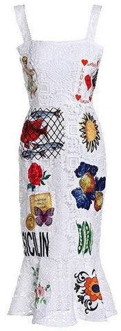 Printed Lace-Macrame Knee-Length Dress
