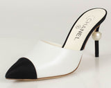 Goatskin Leather Cap Toe Heels Mules - White/Black | DESIGNER INSPIRED FASHIONS
