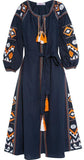 Embroidered Long Tunic Dress with Tassels in Blue - DESIGNER INSPIRED FASHIONS