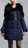 Belted Pleated-Tiered Rabbit-Fur Collar Quilted Coat