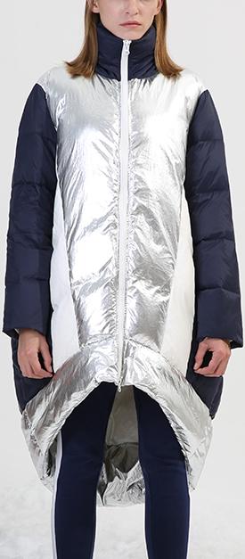 Asymmetrical Metallic Color-Contrast Puffer Coat
