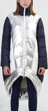 Asymmetrical Metallic Color-Contrast Puffer Coat